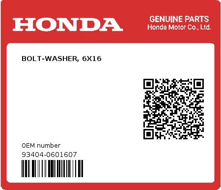 Product image: Honda - 93404-0601607 - BOLT-WASHER, 6X16  0