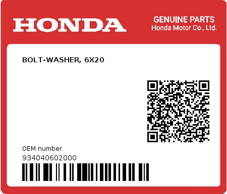 Product image: Honda - 934040602000 - BOLT-WASHER, 6X20  0