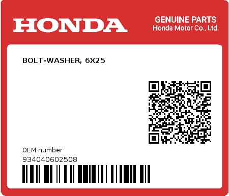 Product image: Honda - 934040602508 - BOLT-WASHER, 6X25  0