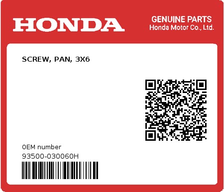 Product image: Honda - 93500-030060H - SCREW, PAN, 3X6  0
