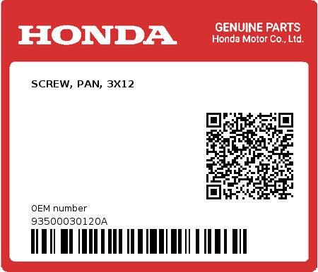 Product image: Honda - 93500030120A - SCREW, PAN, 3X12  0