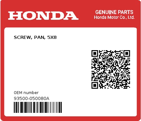 Product image: Honda - 93500-050080A - SCREW, PAN, 5X8  0