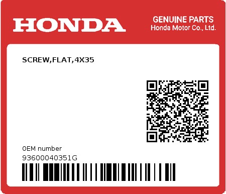 Product image: Honda - 93600040351G - SCREW,FLAT,4X35  0