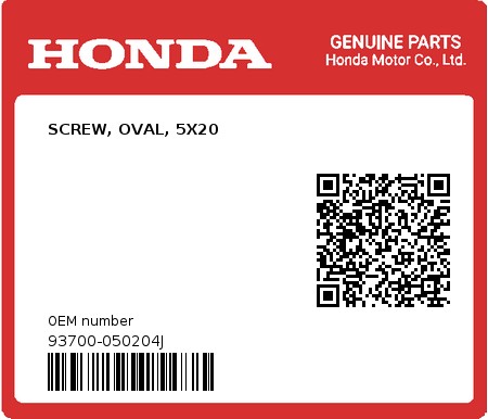 Product image: Honda - 93700-050204J - SCREW, OVAL, 5X20  0