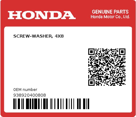 Product image: Honda - 938920400808 - SCREW-WASHER, 4X8  0