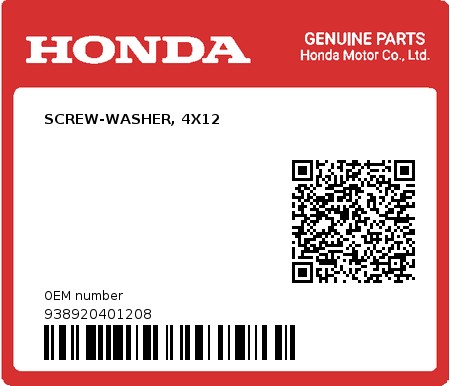 Product image: Honda - 938920401208 - SCREW-WASHER, 4X12  0
