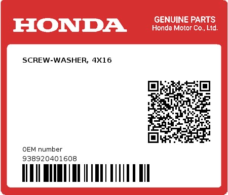 Product image: Honda - 938920401608 - SCREW-WASHER, 4X16  0