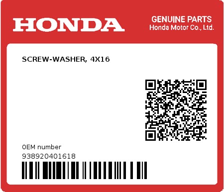 Product image: Honda - 938920401618 - SCREW-WASHER, 4X16  0