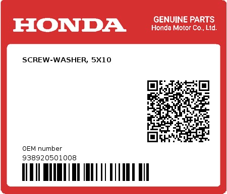 Product image: Honda - 938920501008 - SCREW-WASHER, 5X10  0