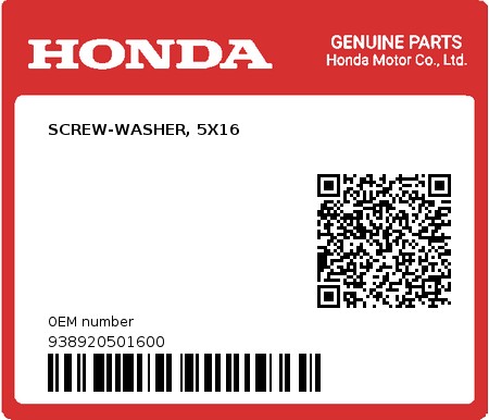 Product image: Honda - 938920501600 - SCREW-WASHER, 5X16  0