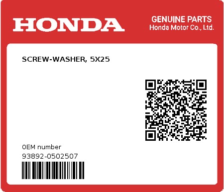 Product image: Honda - 93892-0502507 - SCREW-WASHER, 5X25  0