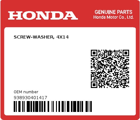 Product image: Honda - 938930401417 - SCREW-WASHER, 4X14  0