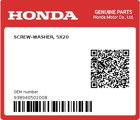 Product image: Honda - 938940502008 - SCREW-WASHER, 5X20  0