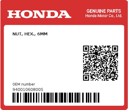 Product image: Honda - 94001060800S - NUT, HEX., 6MM  0
