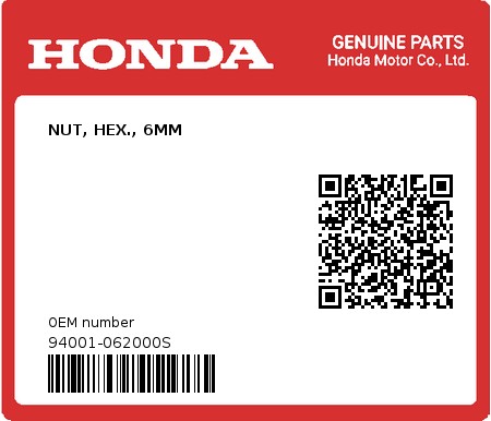 Product image: Honda - 94001-062000S - NUT, HEX., 6MM  0