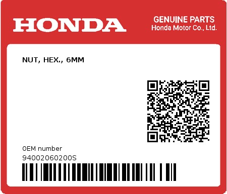Product image: Honda - 94002060200S - NUT, HEX., 6MM  0