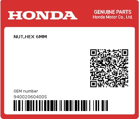 Product image: Honda - 94002060400S - NUT,HEX 6MM  0