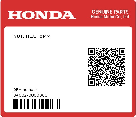 Product image: Honda - 94002-080000S - NUT, HEX., 8MM  0