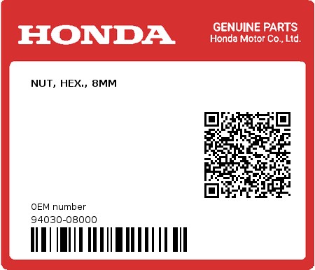 Product image: Honda - 94030-08000 - NUT, HEX., 8MM  0