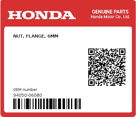 Product image: Honda - 94050-06080 - NUT, FLANGE, 6MM  0