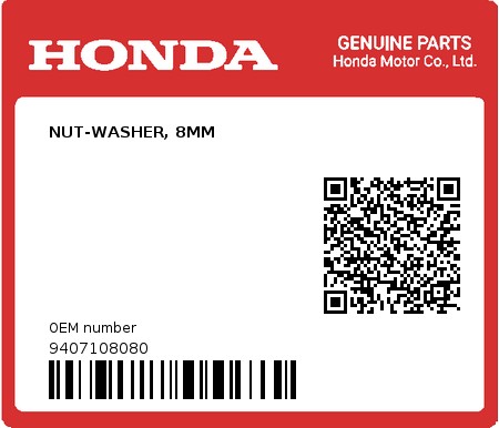 Product image: Honda - 9407108080 - NUT-WASHER, 8MM  0