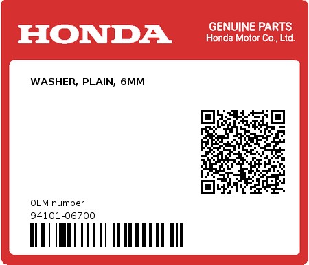 Product image: Honda - 94101-06700 - WASHER, PLAIN, 6MM  0