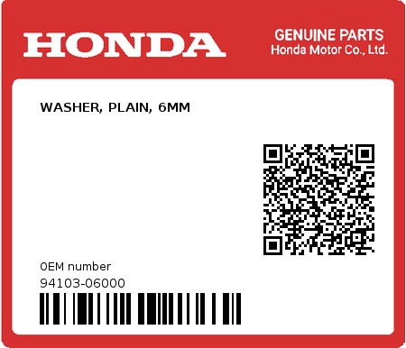 Product image: Honda - 94103-06000 - WASHER, PLAIN, 6MM  0