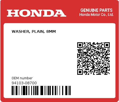 Product image: Honda - 94103-08700 - WASHER, PLAIN, 8MM  0