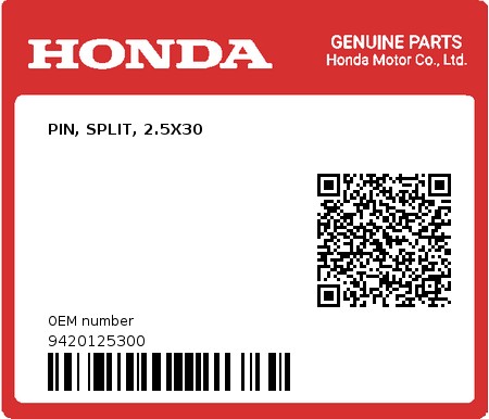 Product image: Honda - 9420125300 - PIN, SPLIT, 2.5X30  0