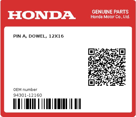 Product image: Honda - 94301-12160 - PIN A, DOWEL, 12X16  0