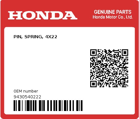 Product image: Honda - 9430540222 - PIN, SPRING, 4X22  0