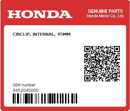 Product image: Honda - 9452045000 - CIRCLIP, INTERNAL, 45MM  0