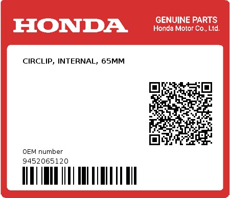 Product image: Honda - 9452065120 - CIRCLIP, INTERNAL, 65MM  0
