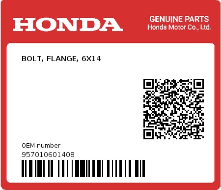 Product image: Honda - 957010601408 - BOLT, FLANGE, 6X14  0