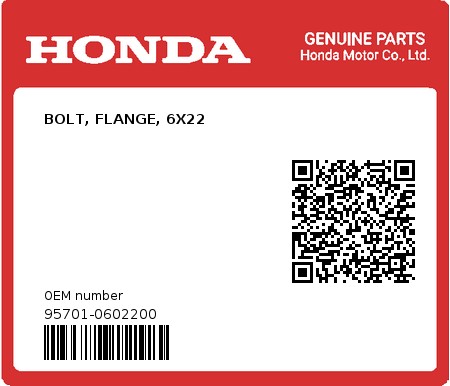 Product image: Honda - 95701-0602200 - BOLT, FLANGE, 6X22  0