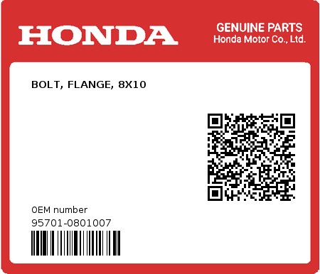 Product image: Honda - 95701-0801007 - BOLT, FLANGE, 8X10  0