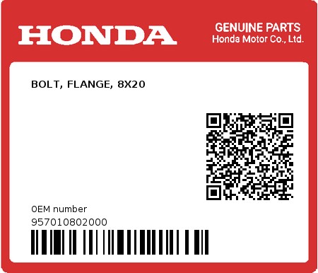 Product image: Honda - 957010802000 - BOLT, FLANGE, 8X20  0