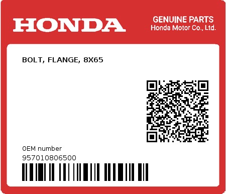 Product image: Honda - 957010806500 - BOLT, FLANGE, 8X65  0
