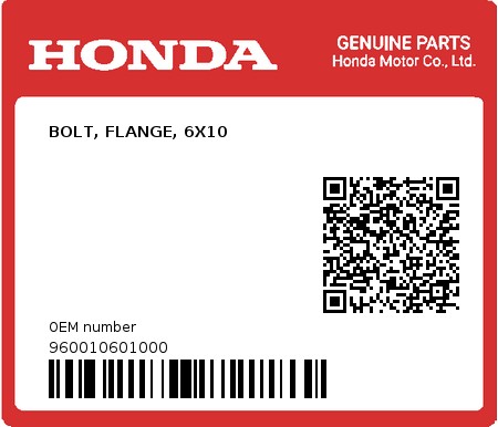 Product image: Honda - 960010601000 - BOLT, FLANGE, 6X10  0