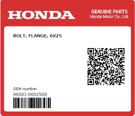 Product image: Honda - 96001-0602500 - BOLT, FLANGE, 6X25  0