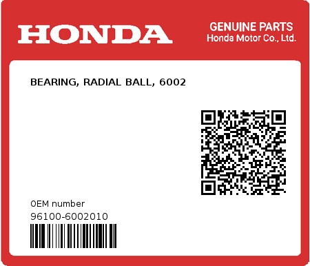 Product image: Honda - 96100-6002010 - BEARING, RADIAL BALL, 6002  0