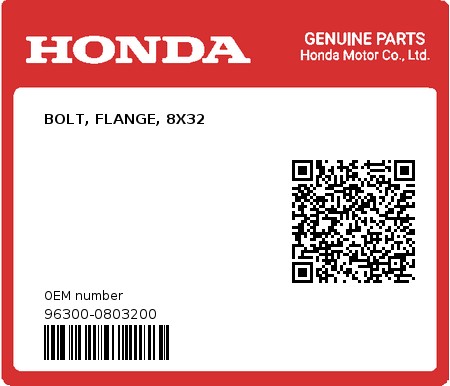 Product image: Honda - 96300-0803200 - BOLT, FLANGE, 8X32  0
