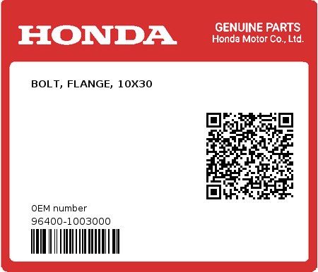 Product image: Honda - 96400-1003000 - BOLT, FLANGE, 10X30  0