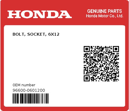 Product image: Honda - 96600-0601200 - BOLT, SOCKET, 6X12  0