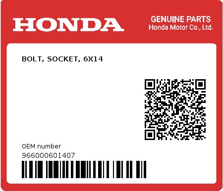 Product image: Honda - 966000601407 - BOLT, SOCKET, 6X14  0