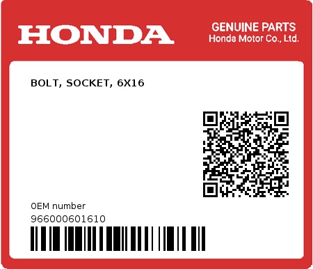Product image: Honda - 966000601610 - BOLT, SOCKET, 6X16  0