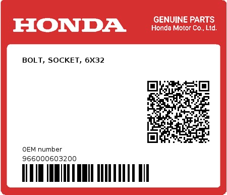 Product image: Honda - 966000603200 - BOLT, SOCKET, 6X32  0