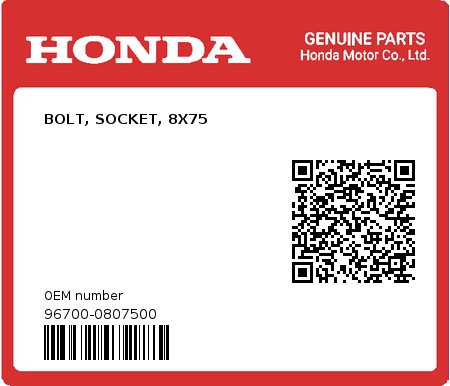 Product image: Honda - 96700-0807500 - BOLT, SOCKET, 8X75  0