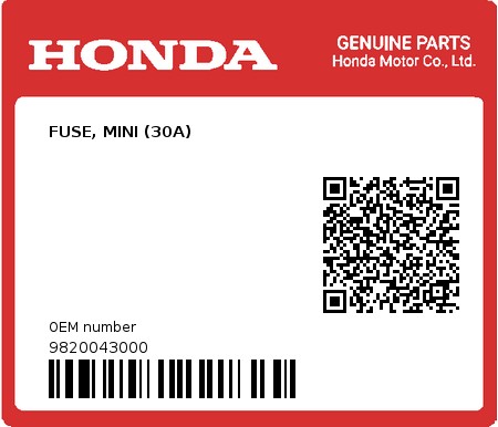 Product image: Honda - 9820043000 - FUSE, MINI (30A)  0