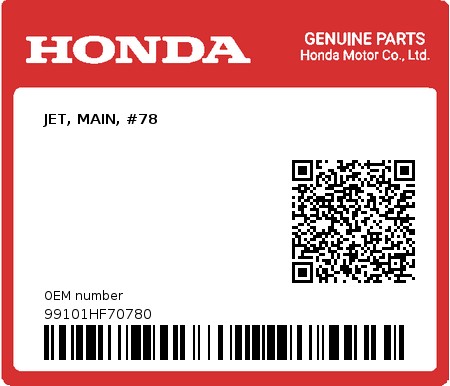 Product image: Honda - 99101HF70780 - JET, MAIN, #78  0